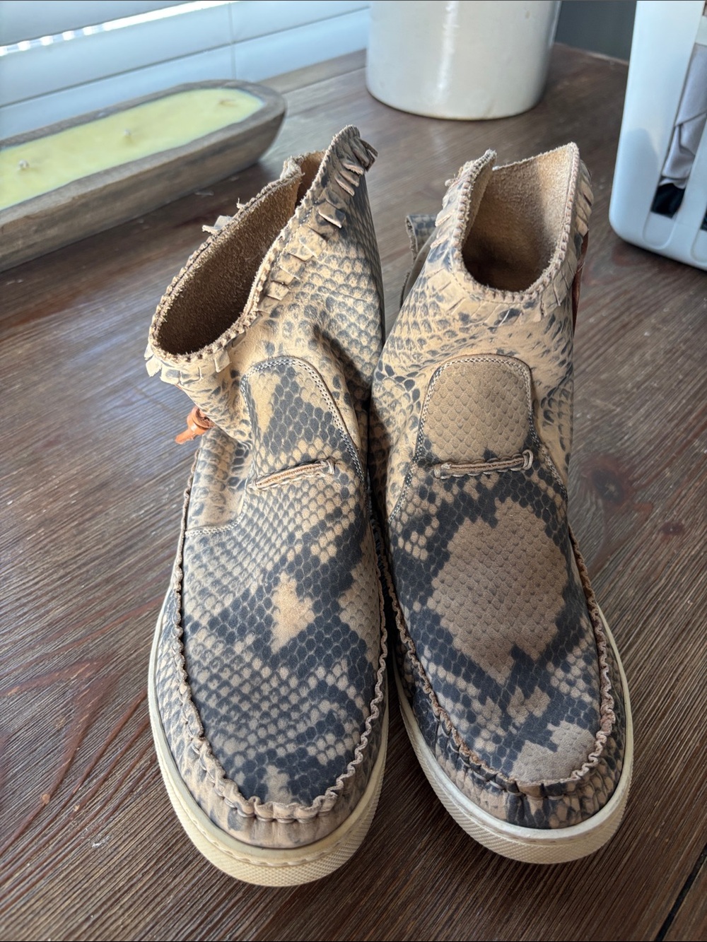 Snake-Print Ankle Booties in Tan and Black
